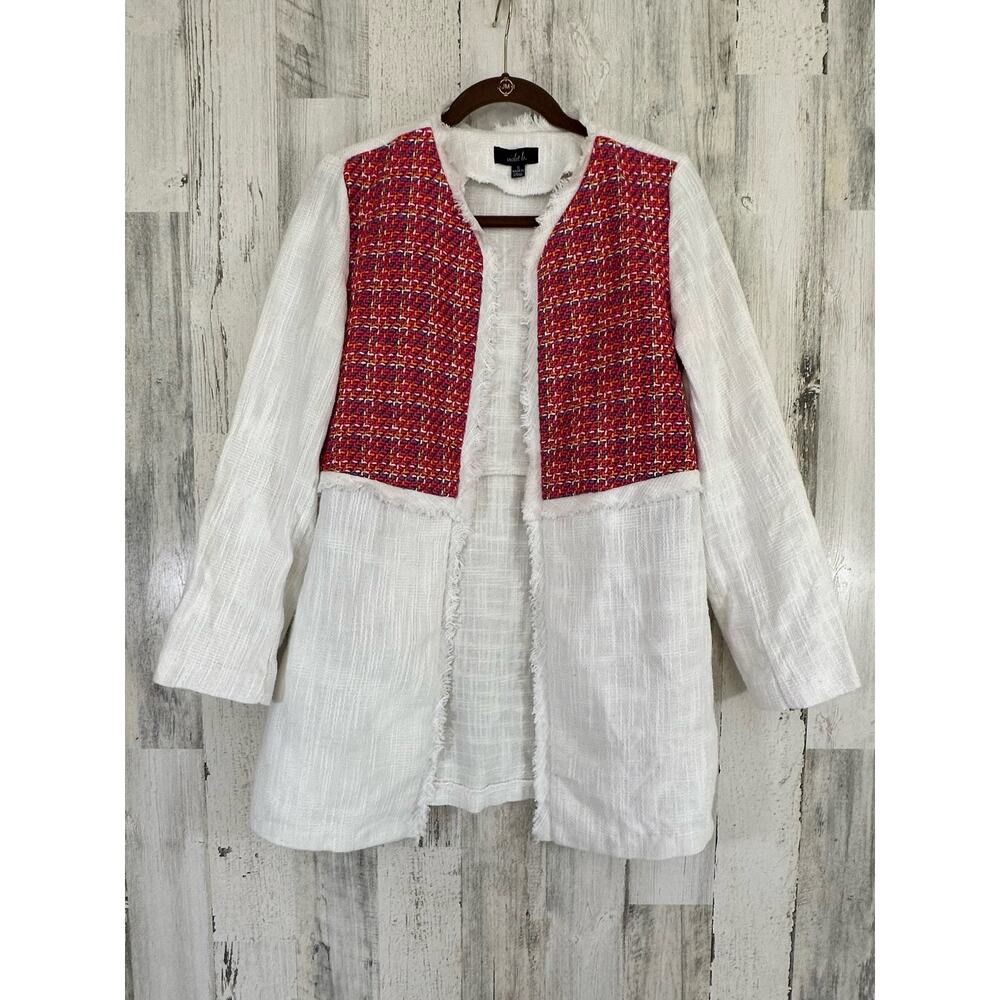 Violet B Womens Jacket Small White Hopsack Fringe Multi Crochet Hook Eye Closure